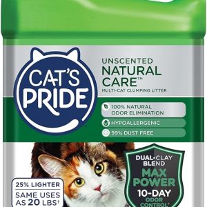 Cat's Pride Max Power: Cuidado natural - Hasta 10 días de potente control de olores - Eliminación de olores 100% natural - Hipoalergénico - 99% libre de polvo - Arena aglutinante para gatos múltiples,